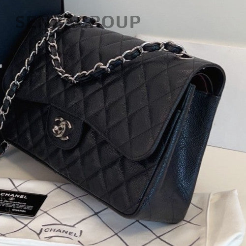 Chanel Classic Flap Jumbo Chain Shoulder Bag Black Silver Diamond Women Fashion