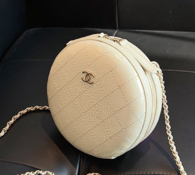 Chanel Calfskin Round Bag Chain Shoulder Bag Crossbody White Gold Women Classic