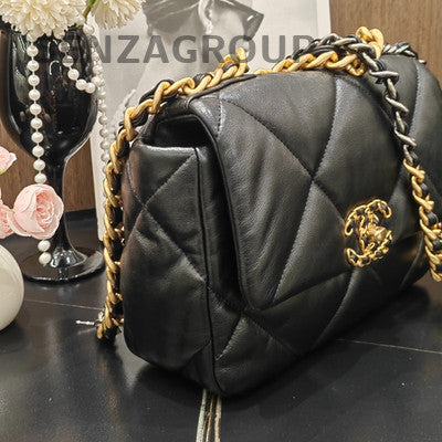 Chanel 19 Small Black Gold Quilted Chain Shoulder Bag Classic Women