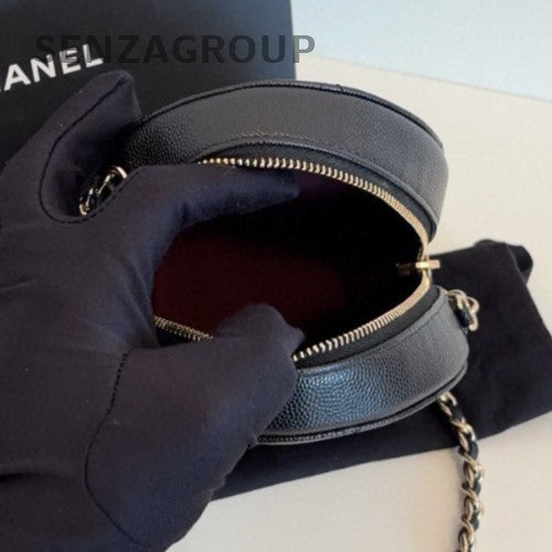 Chanel Calfskin Chain Round Bag Crossbody Diamond Black Gold Women Classic