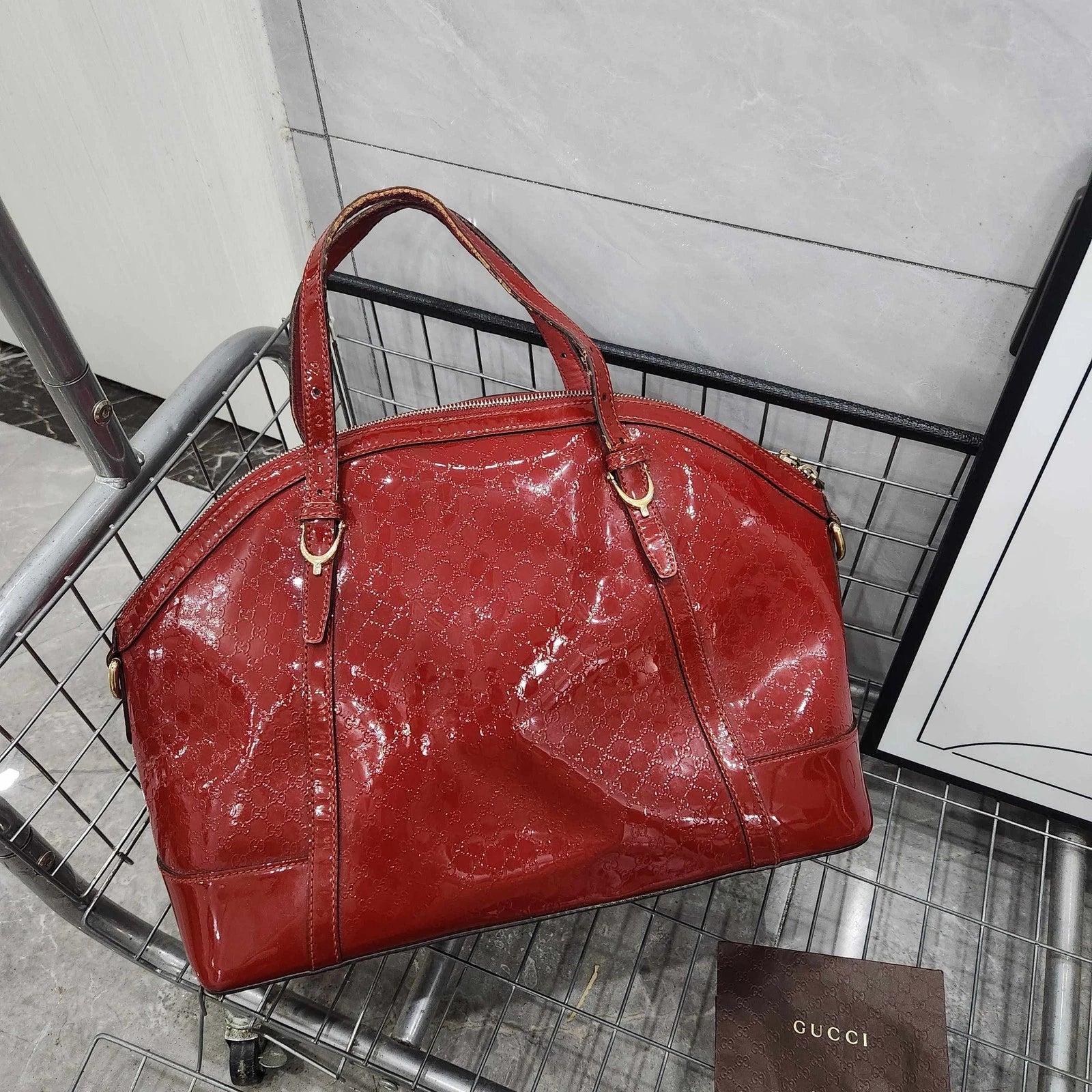 Gucci Red Patent Monogram Shell Handbag For Women