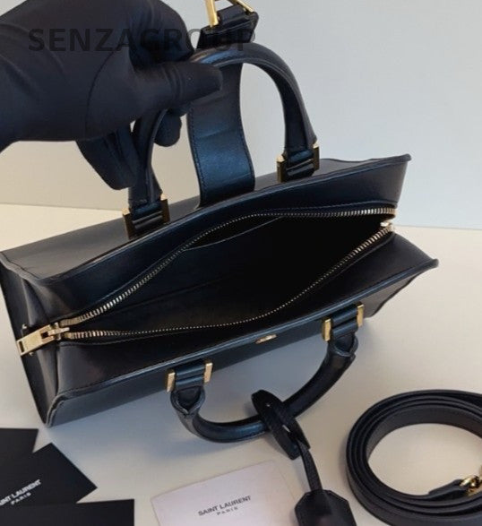 YSL Saint Laurent Cabas PM Boston Top Handle 2way Shoulder Handbag Black Gold