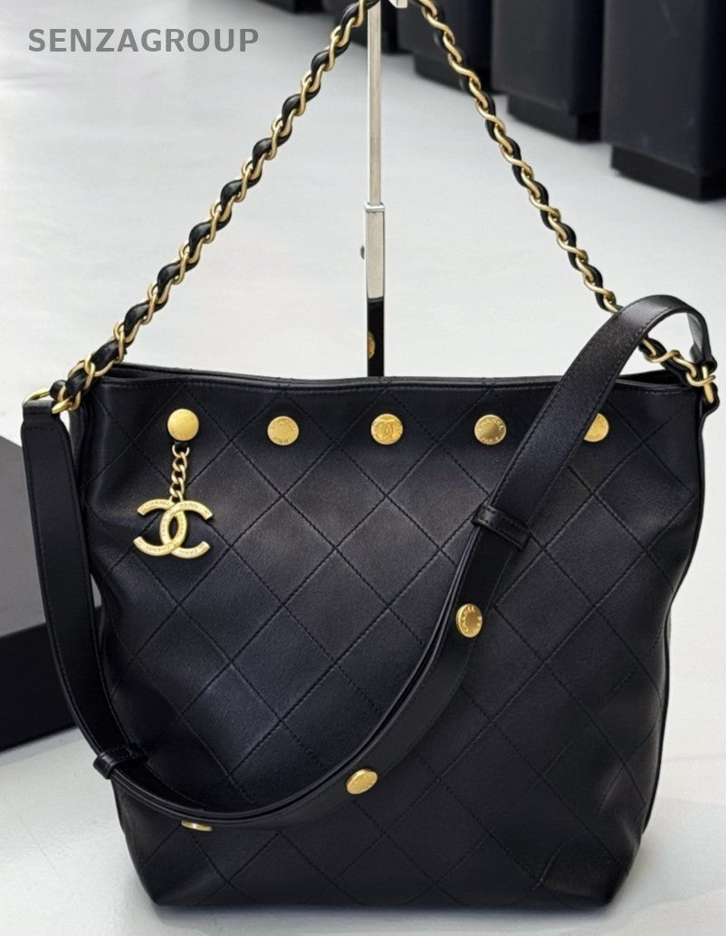 Chanel 25P Hobo Bucket Chain Shoulder Bag Black Gold Women Classic