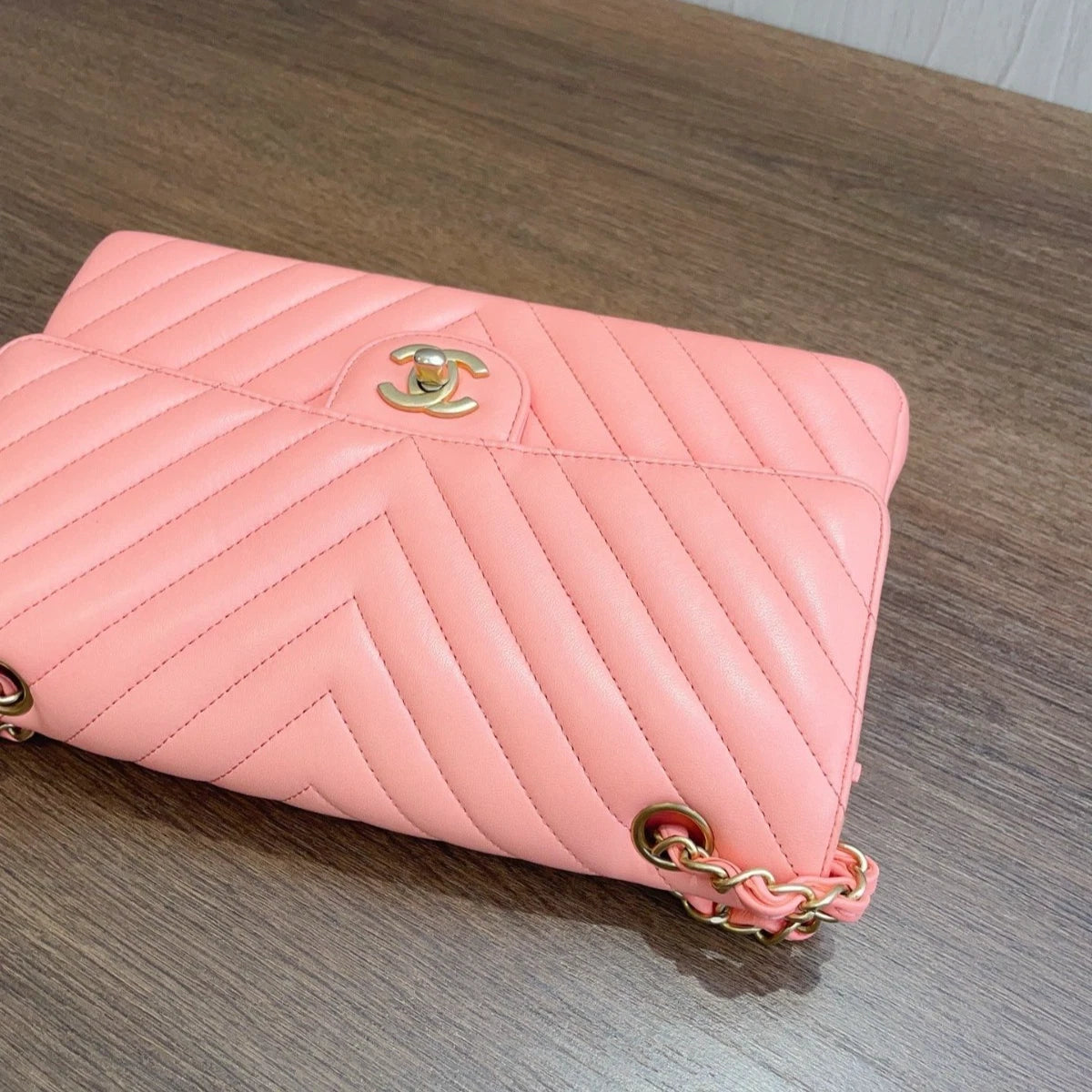 Chanel Classic Flap Chevron Calfskin Turn Lock Shoulder Bag Pink Women