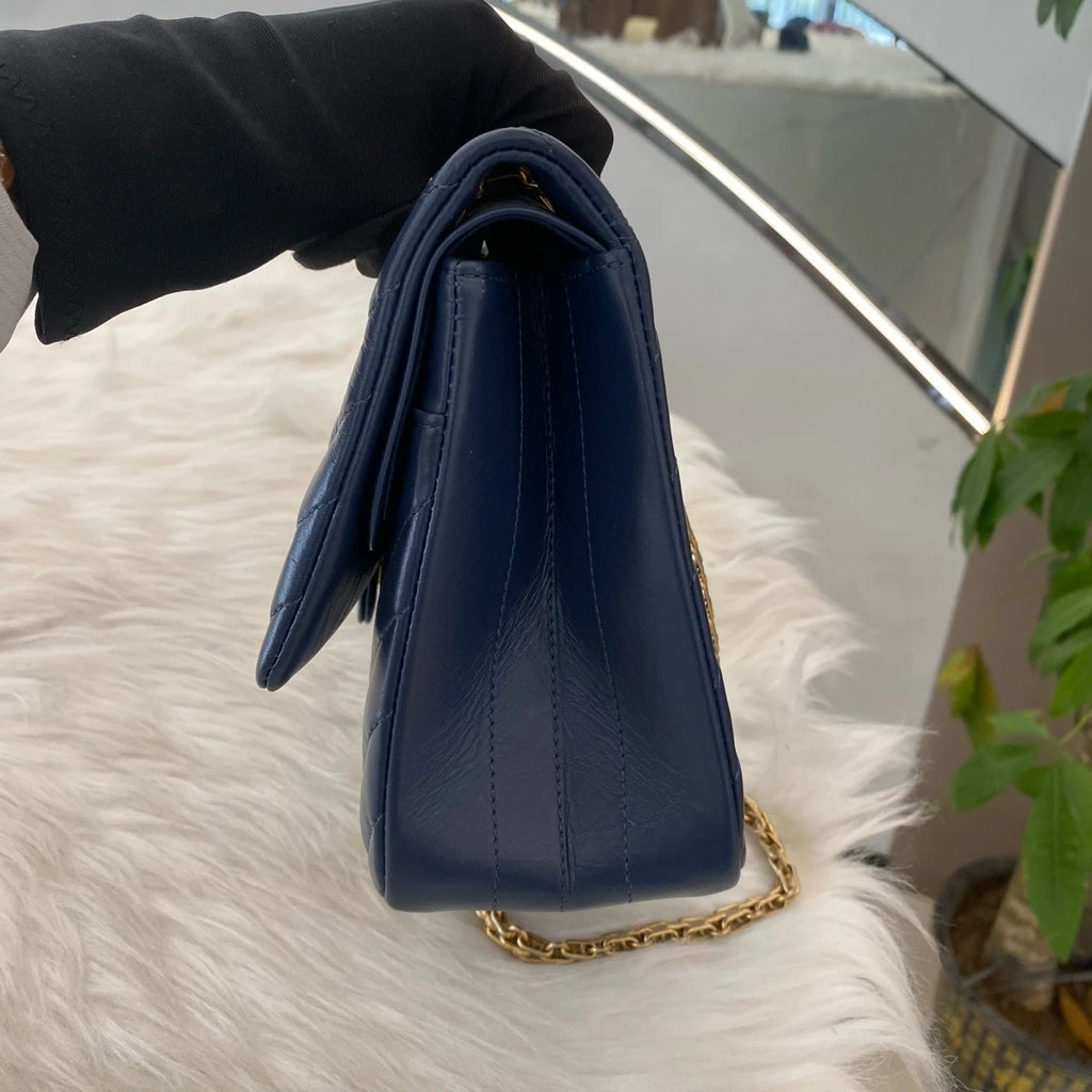 Chanel 2.55 Medium Flap Bag Blue Gold Chevron Classic Women's