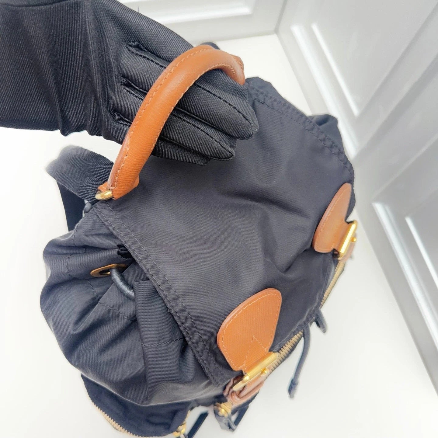BURBERRY Nylon Backpack Black brown Gold Hardware Unisex Adults Classic