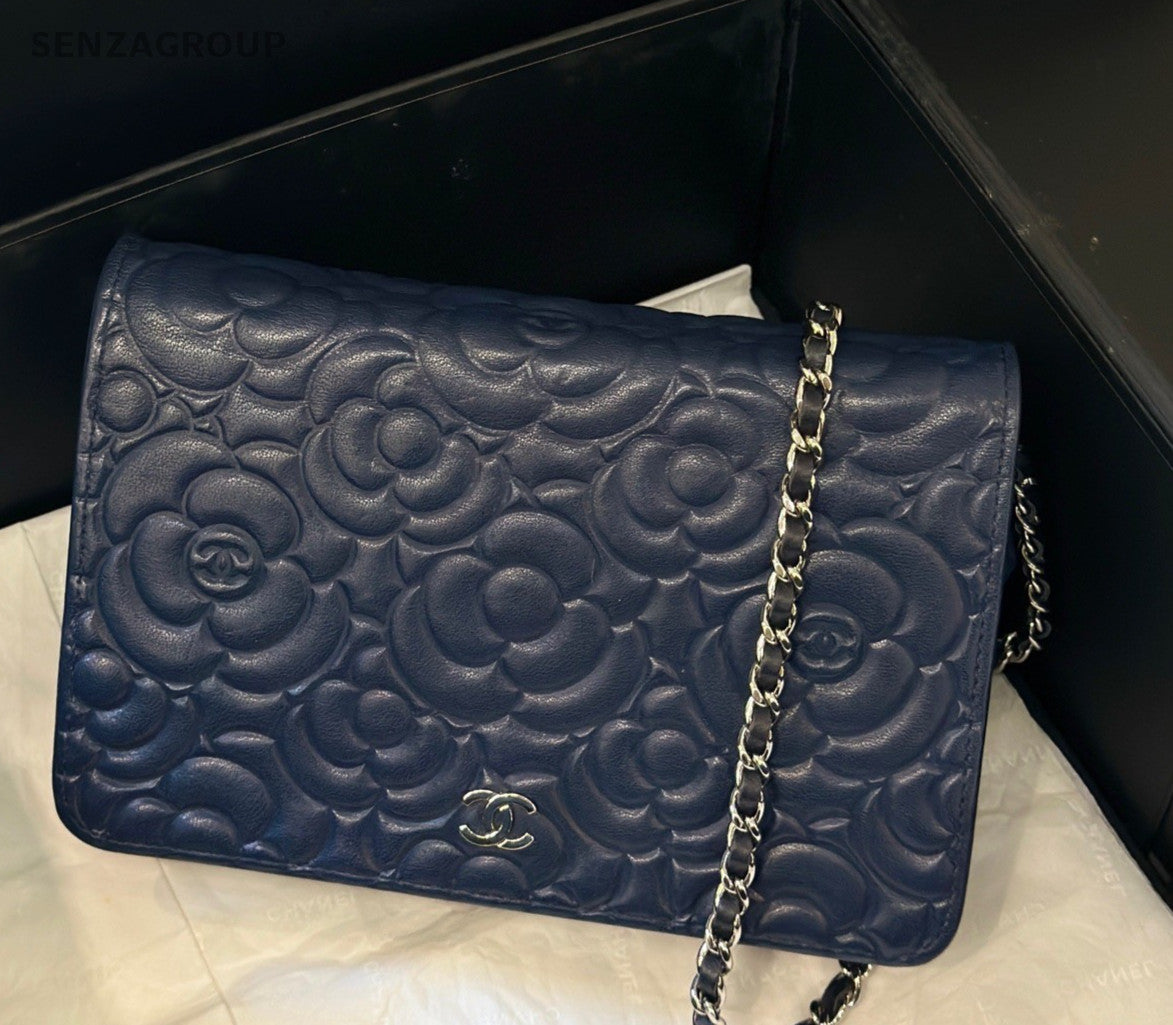 CHANEL Camellia Woc Lambskin Navy Blue Chain Shoulder bag Crossbody Women