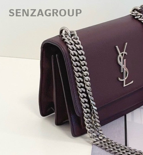 Saint Laurent Sunset Calfskin PM Chain Shoulder Bag Red Silver Women Classic