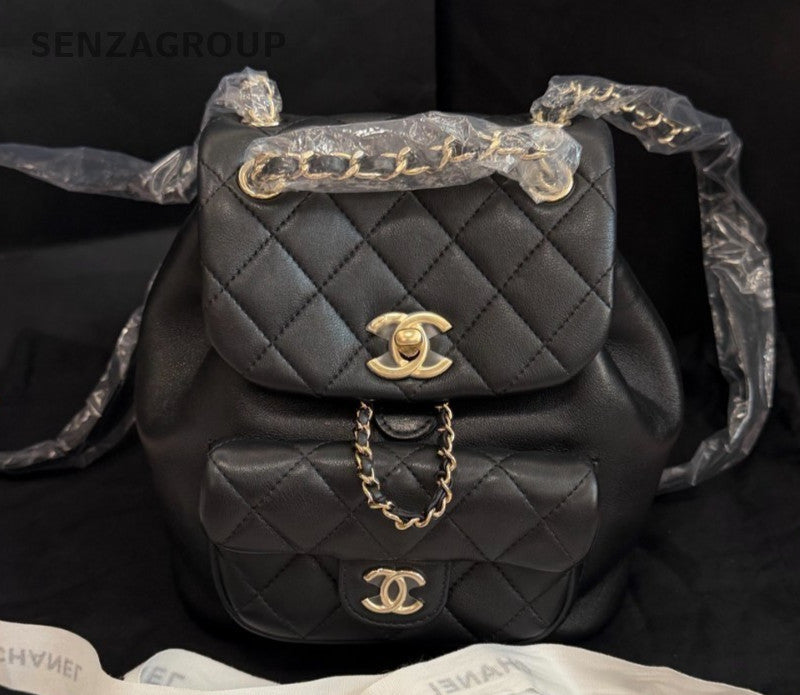 Chanel Duma PM Calfskin Backpack Black Gold Used Women Classic Diamond