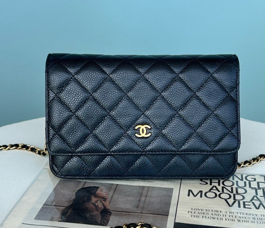 Chanel WOC Chain Calfskin Shoulder Crossbody Black Gold Women Classic Diamond