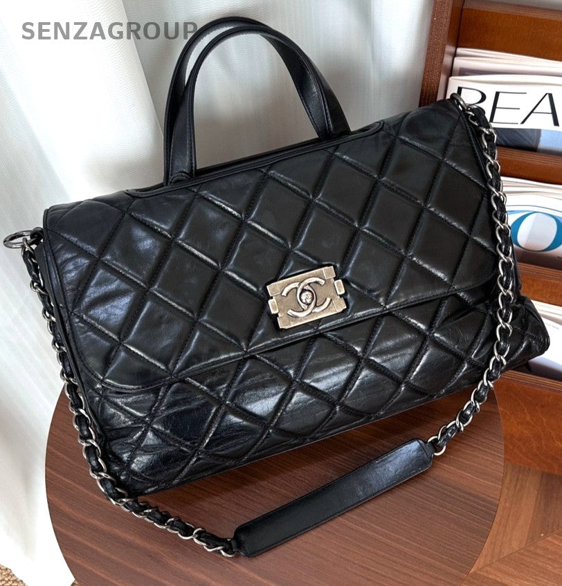 CHANEL Briefcase Top Handle Oil waxed leather Chain Shoulder Handbag Women Black