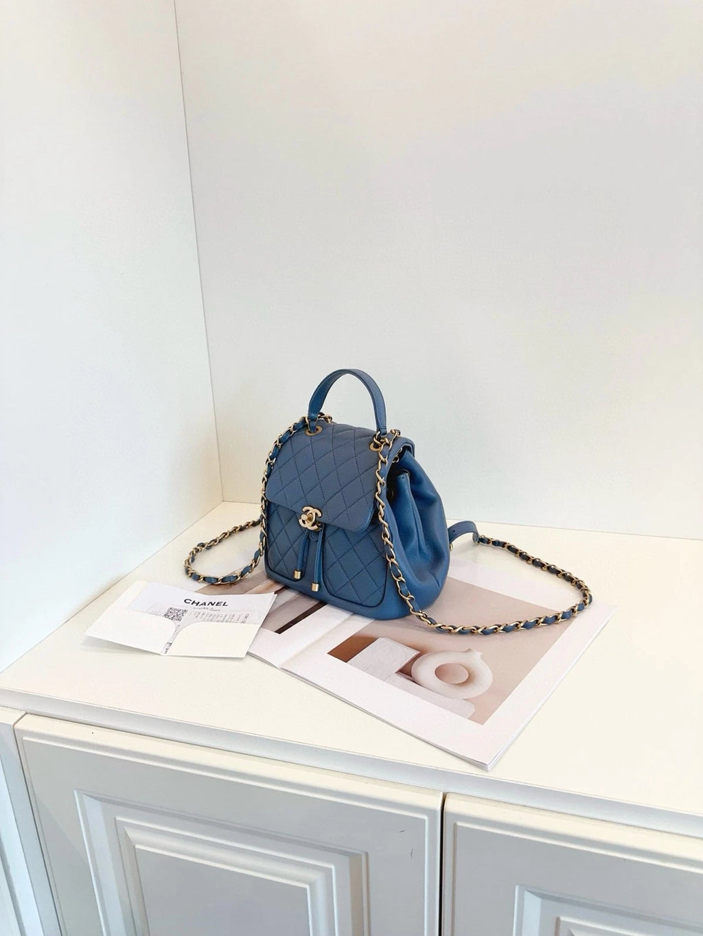 CHANEL Dusty Blue Gold Chain Backpack For Women