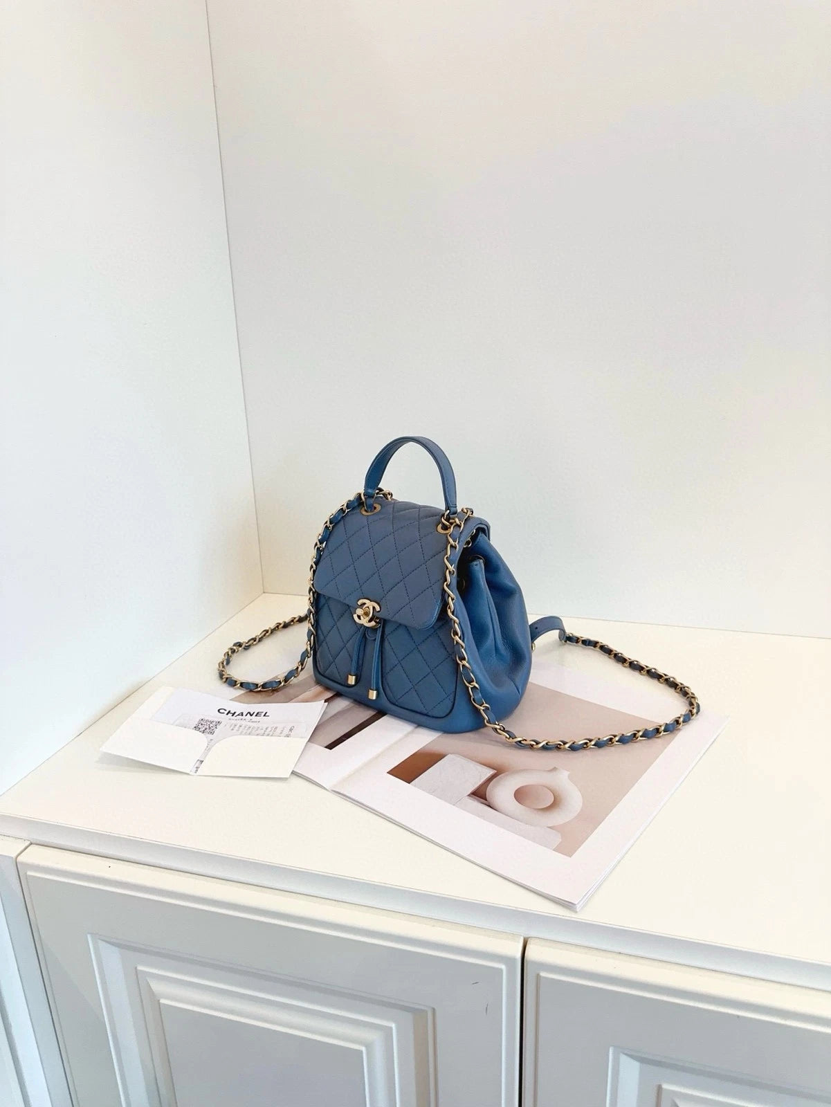 CHANEL Dusty Blue Gold Chain Backpack For Women