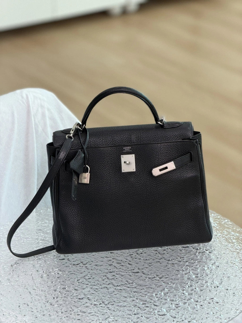 Authentic Hermes Kelly 32 Togo Tote Top Handle Crossbody Bag Black SHD