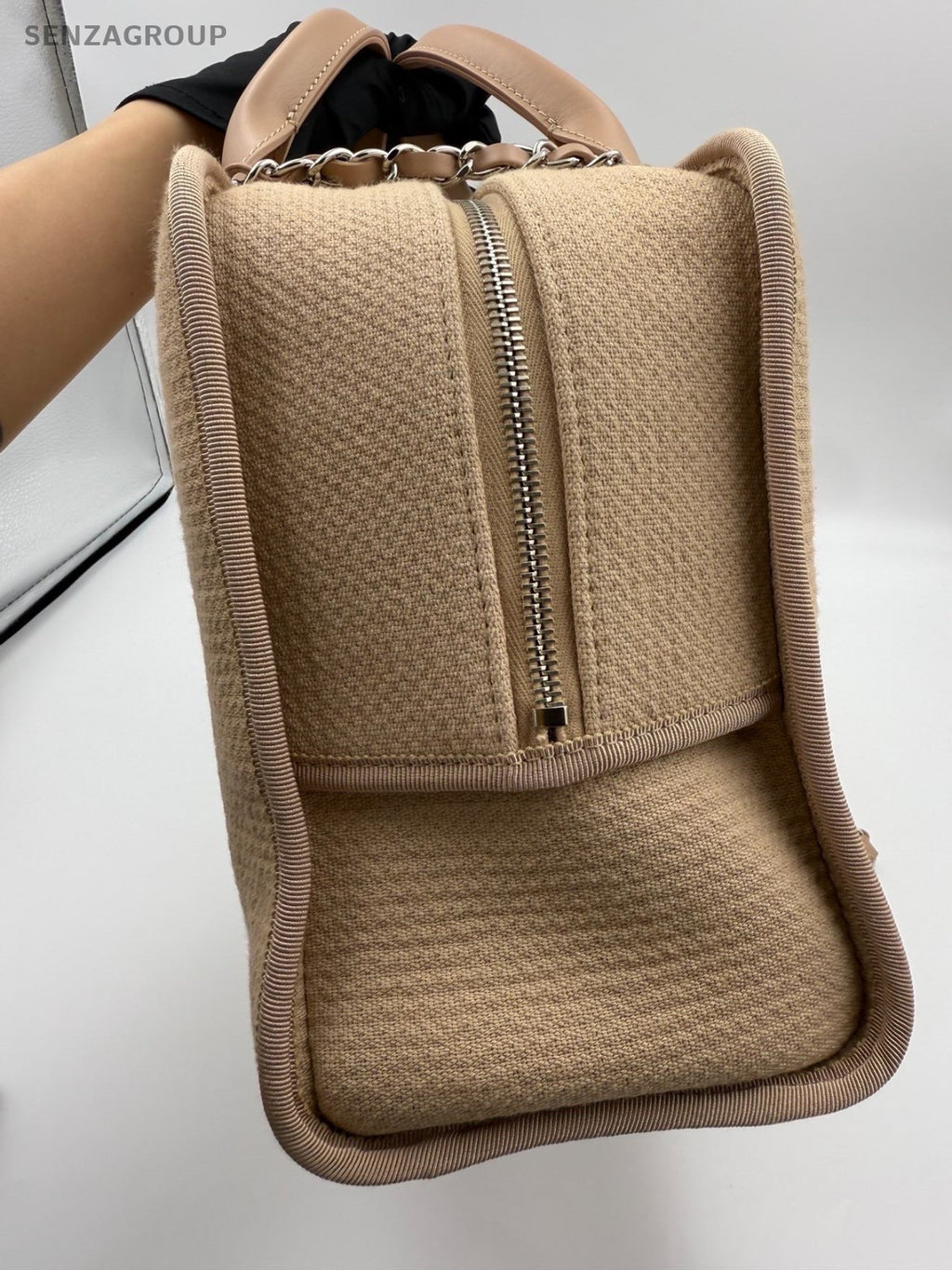Chanel Canvas Beach Bag Top Handle Bag Chain Shoulder Bag Beige Silver Women