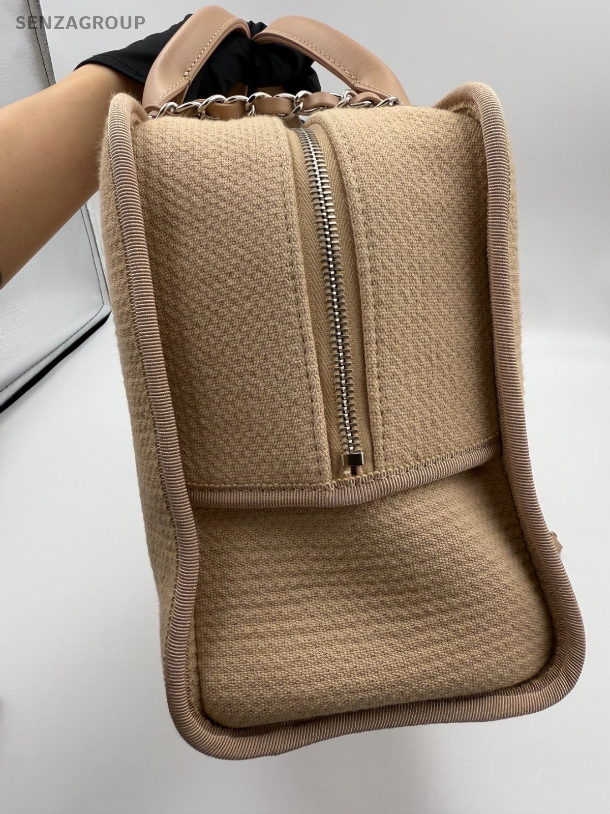 Chanel Canvas Beach Bag Top Handle Bag Chain Shoulder Bag Beige Silver Women