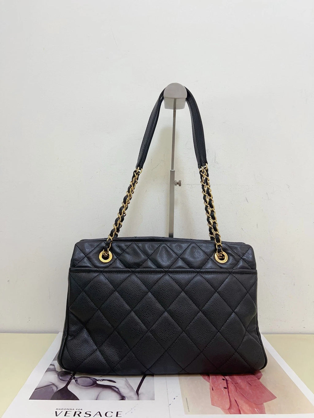 Chanel Diamond Chain Tote Shoulder Bag Black Gold Women CC Logo Classic
