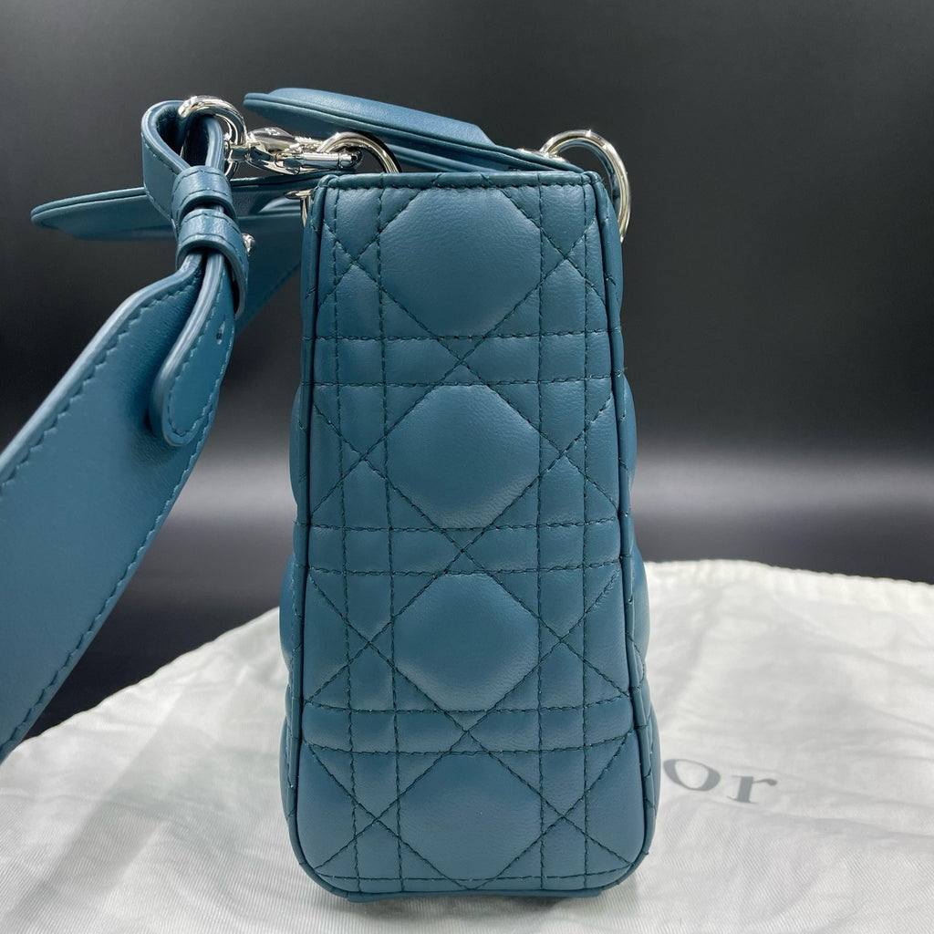 Christian Dior Lady Dior Cannage Top Handle Crossbody Blue Silver Women Classic