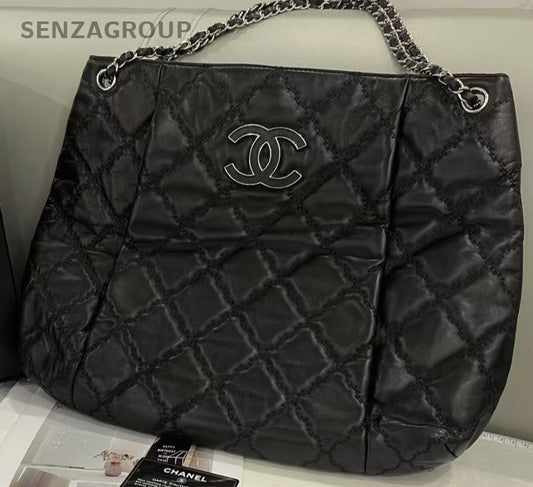 Chanel Vintage Diamond Pattern Tote Bag Chain Shoulder Bag Black Silver Women
