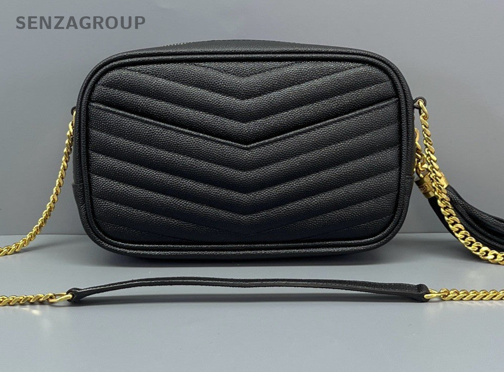 YSL Saint Laurent Tassel Caviar Leather Shoulder Camera Bag Black Women