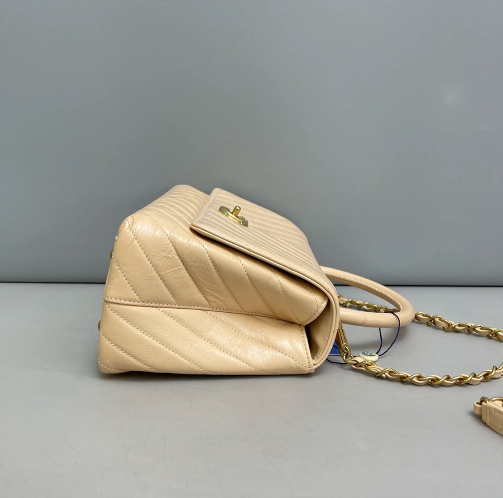 Chanel Coco Handle Calfskin Chevron Top Handle Bag Shoulder Bag Beige Women