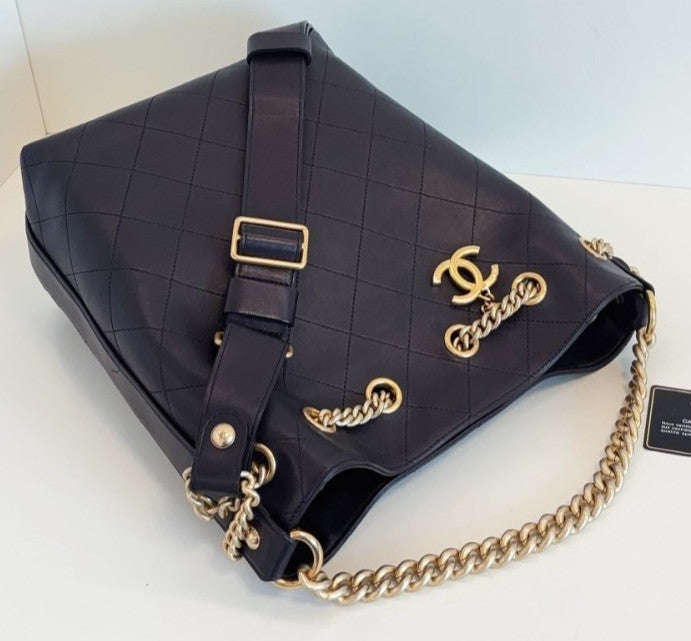 Chanel Calfskin Hobo Bag Chain Top Handle Shoulder Bag Black Gold Women Classic