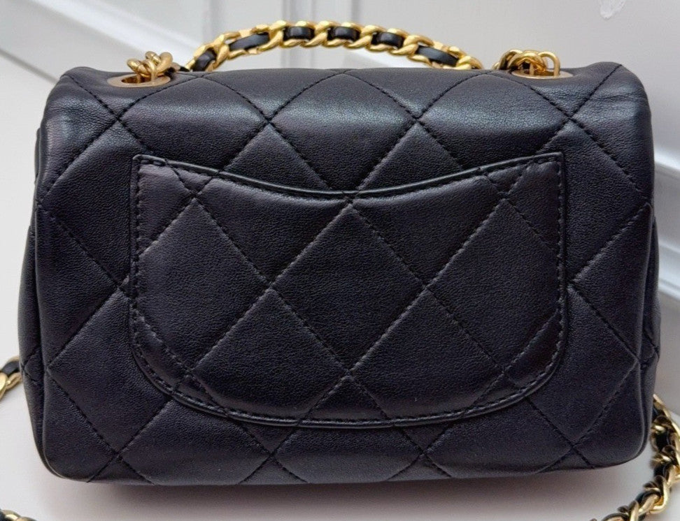 Chanel PM Chain Shoulder Bag Crossbody Black Gold Diamond Women Classic
