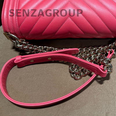Chanel Le Boy Classic Calfskin Chain Shoulder Bag Small Red Silver