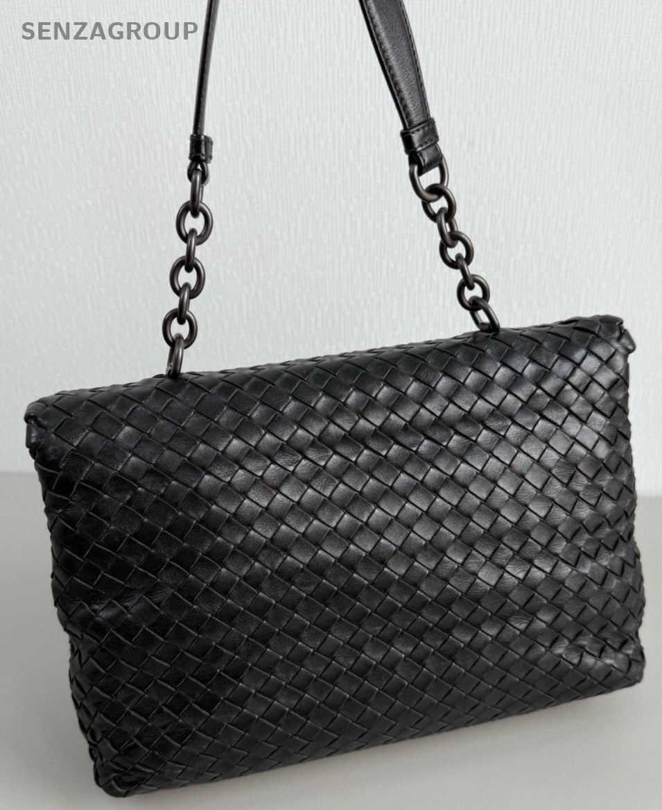 Bottega Veneta Lambskin Chain Shoulder Bag Black Used Women Classic Fashion
