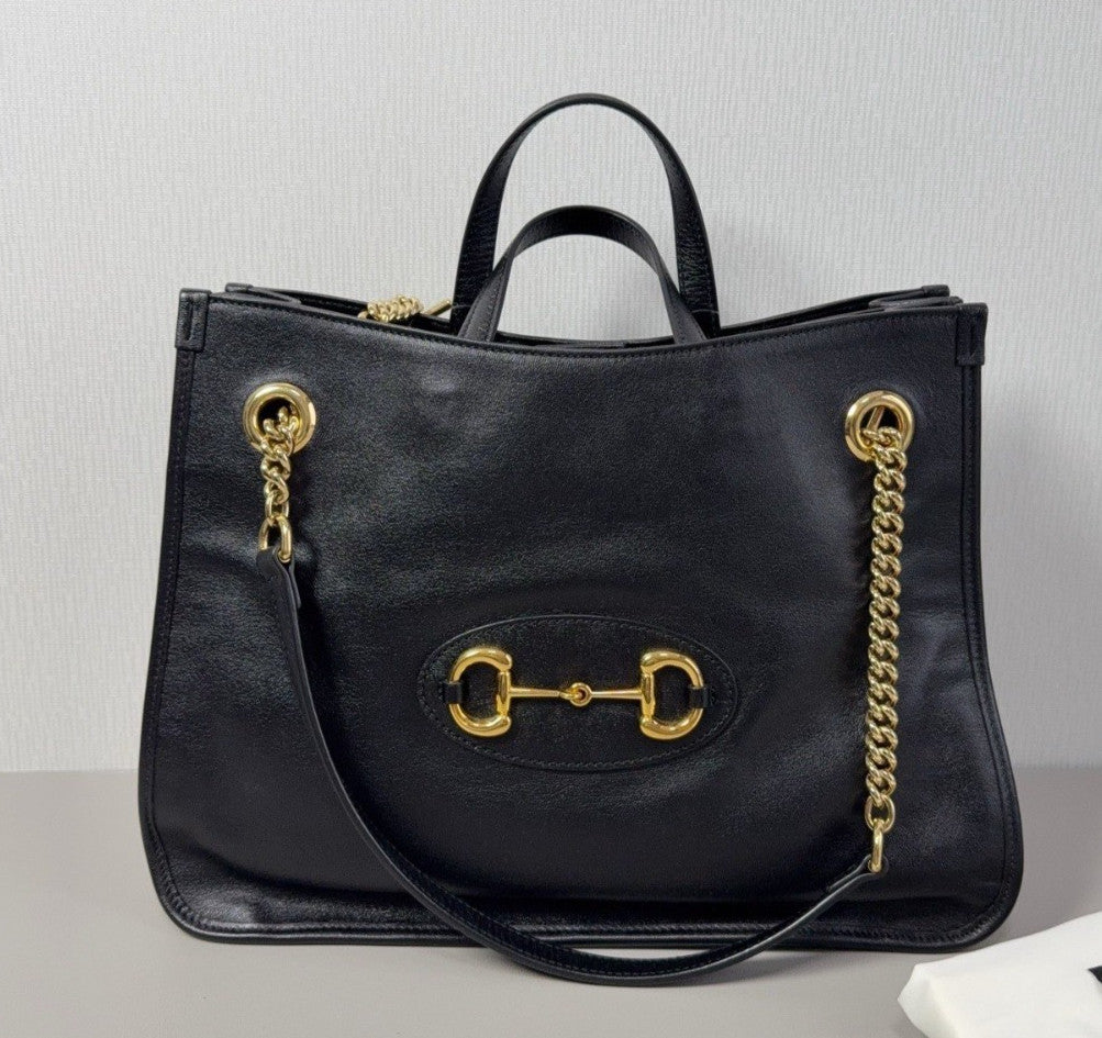 Gucci Horsebit1955 MM Tote Top Handle Chain Shoulder Bag Black Gold Used Women