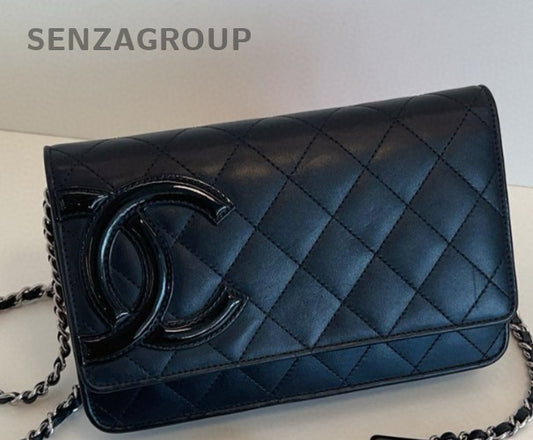Chanel Cambon WOC Chain Shoulder Bag Crossbody Black Silver Diamond Women