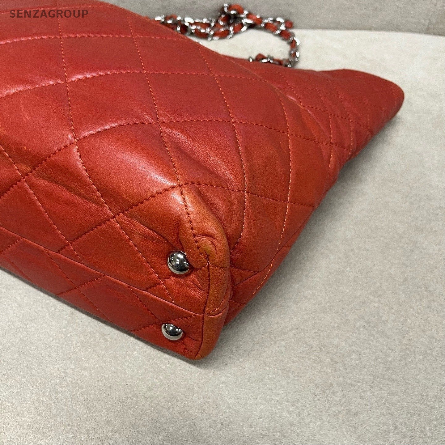 CHANEL Vintage Tote Diamond Pattern Chain Shoulder bag Red Silver Women