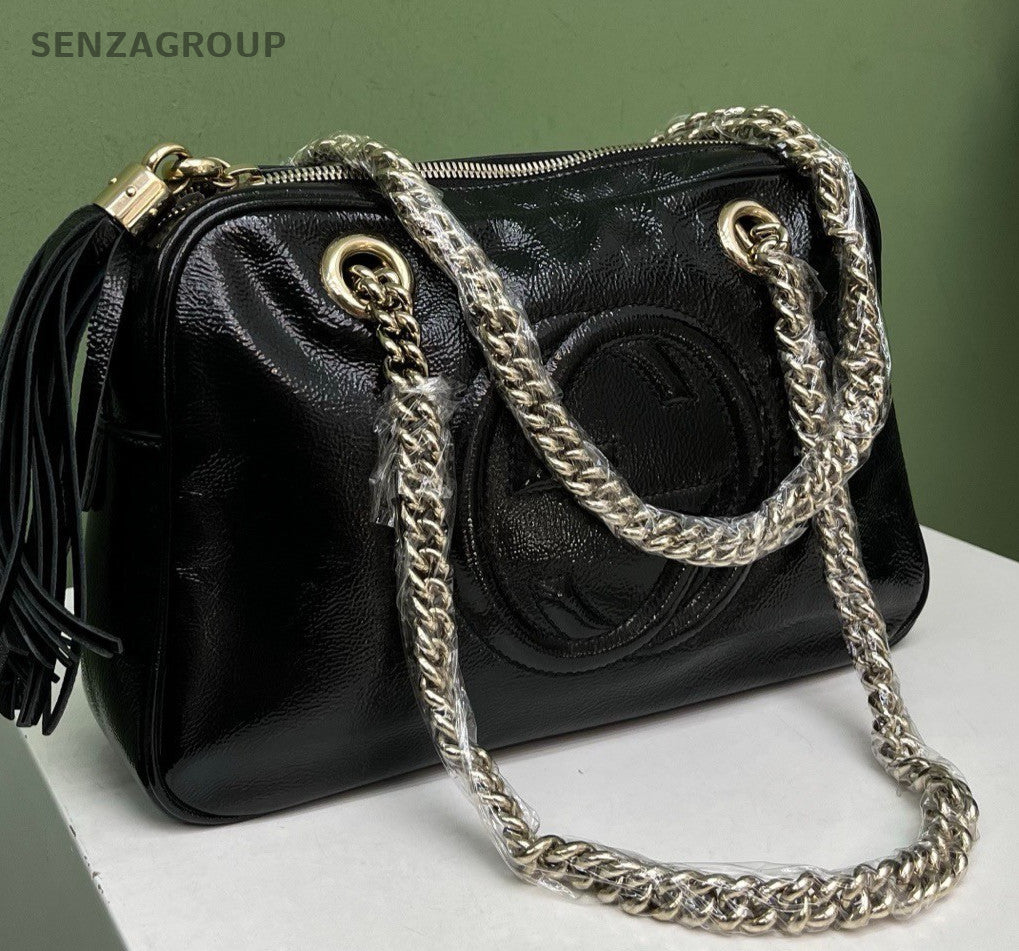 Gucci Tassel Soho Chain Shoulder Bag Black Gold Women Classic Designer