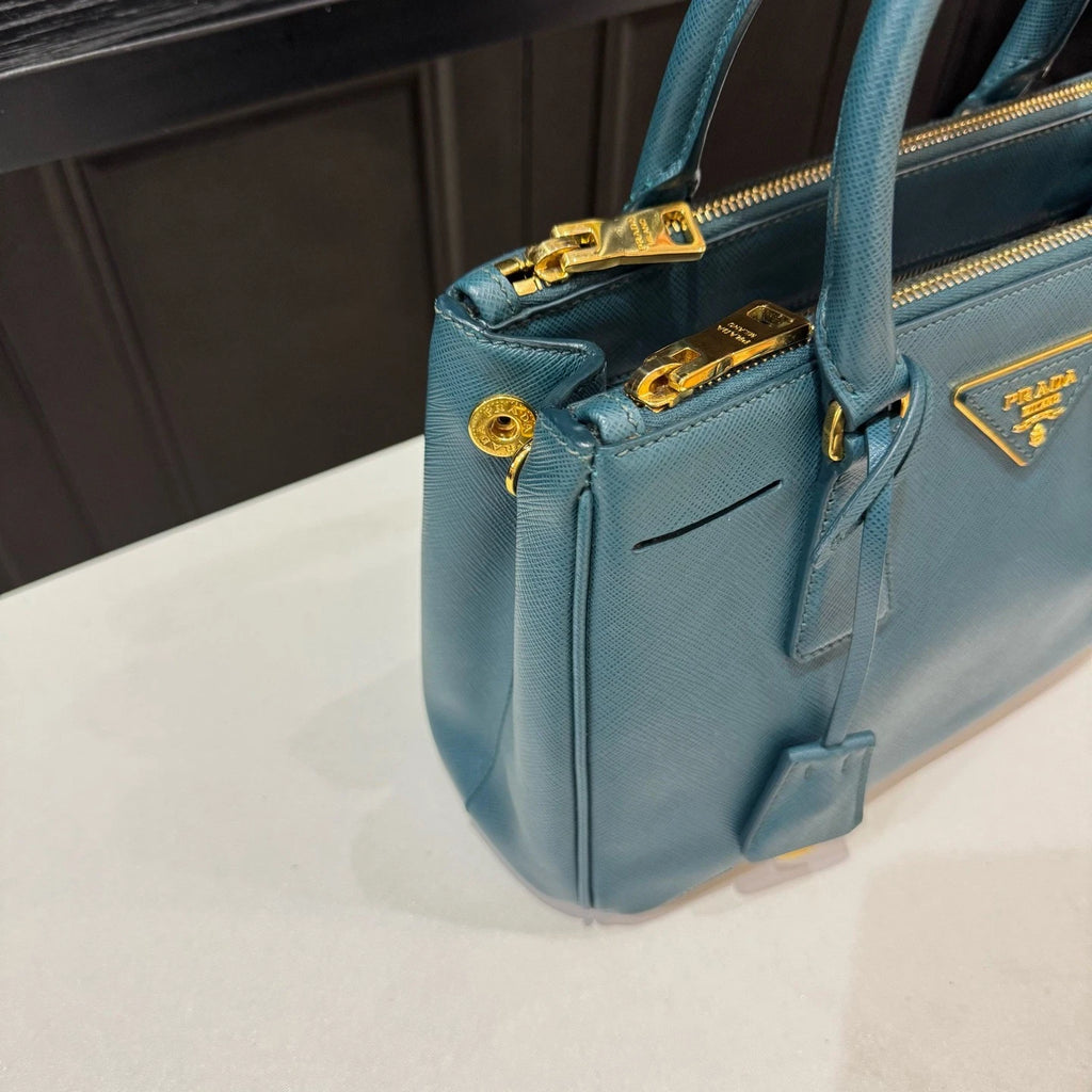 Prada Galleria 2Way Top Handle Bag Crossbody Blue Gold Used Women Classic