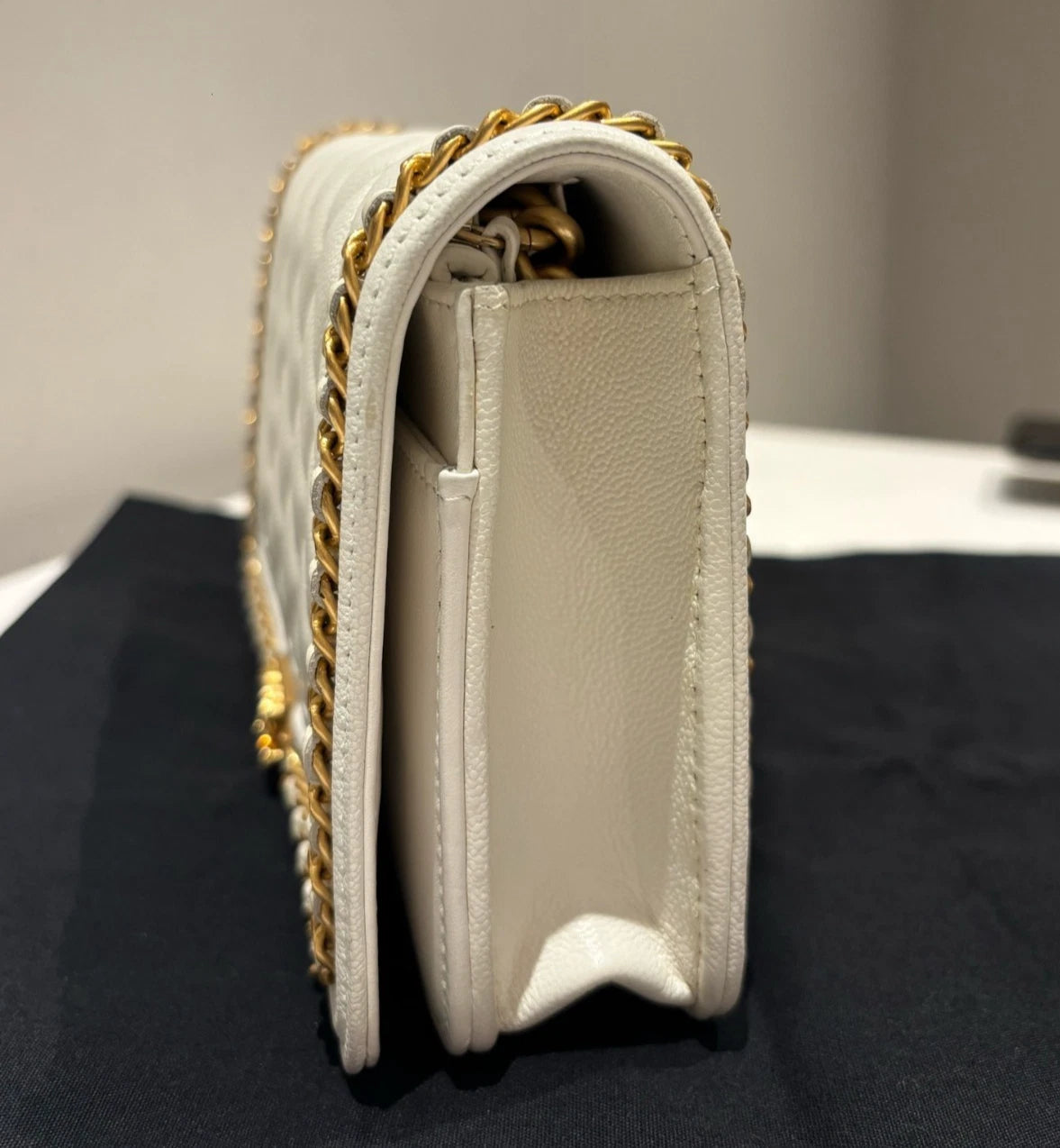 Chanel Leboy WOC Chain Shoulder Bag Crossbody White Gold Diamond Women Classic