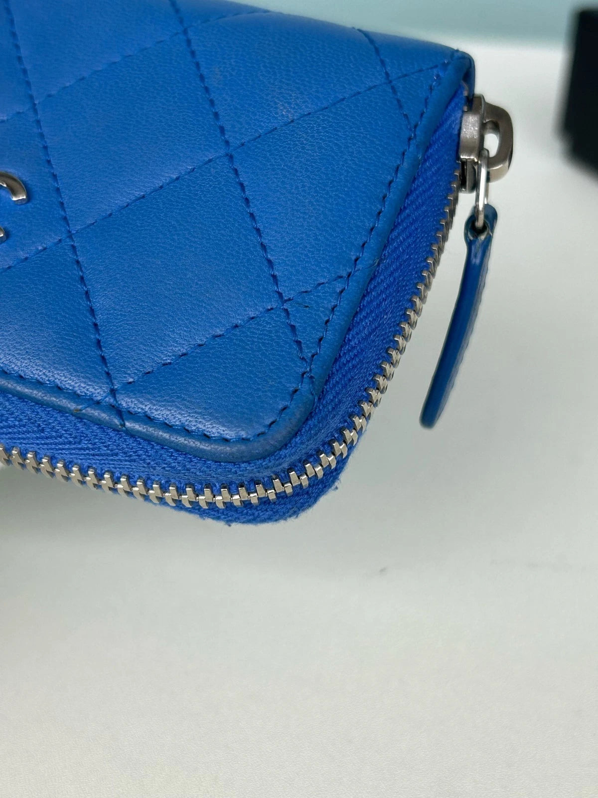Chanel Diamond Lambskin Card Wallet Blue Silver Used Women Classic