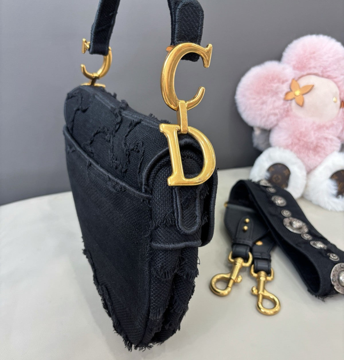 Christian Dior Saddle MM Canvas Top Handle Shoulder Crossbody Black Gold Women