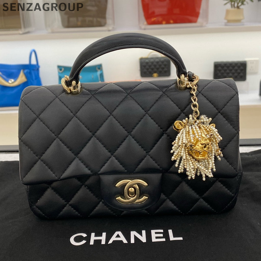 Chanel Classic Flap Mini Black Gold Lamb Leather Shoulder Bag Lion Charm