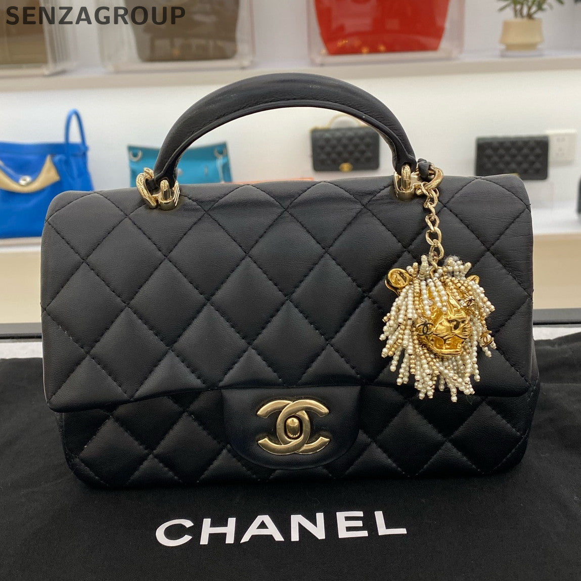 Chanel Classic Flap Mini Black Gold Lamb Leather Shoulder Bag Lion Charm