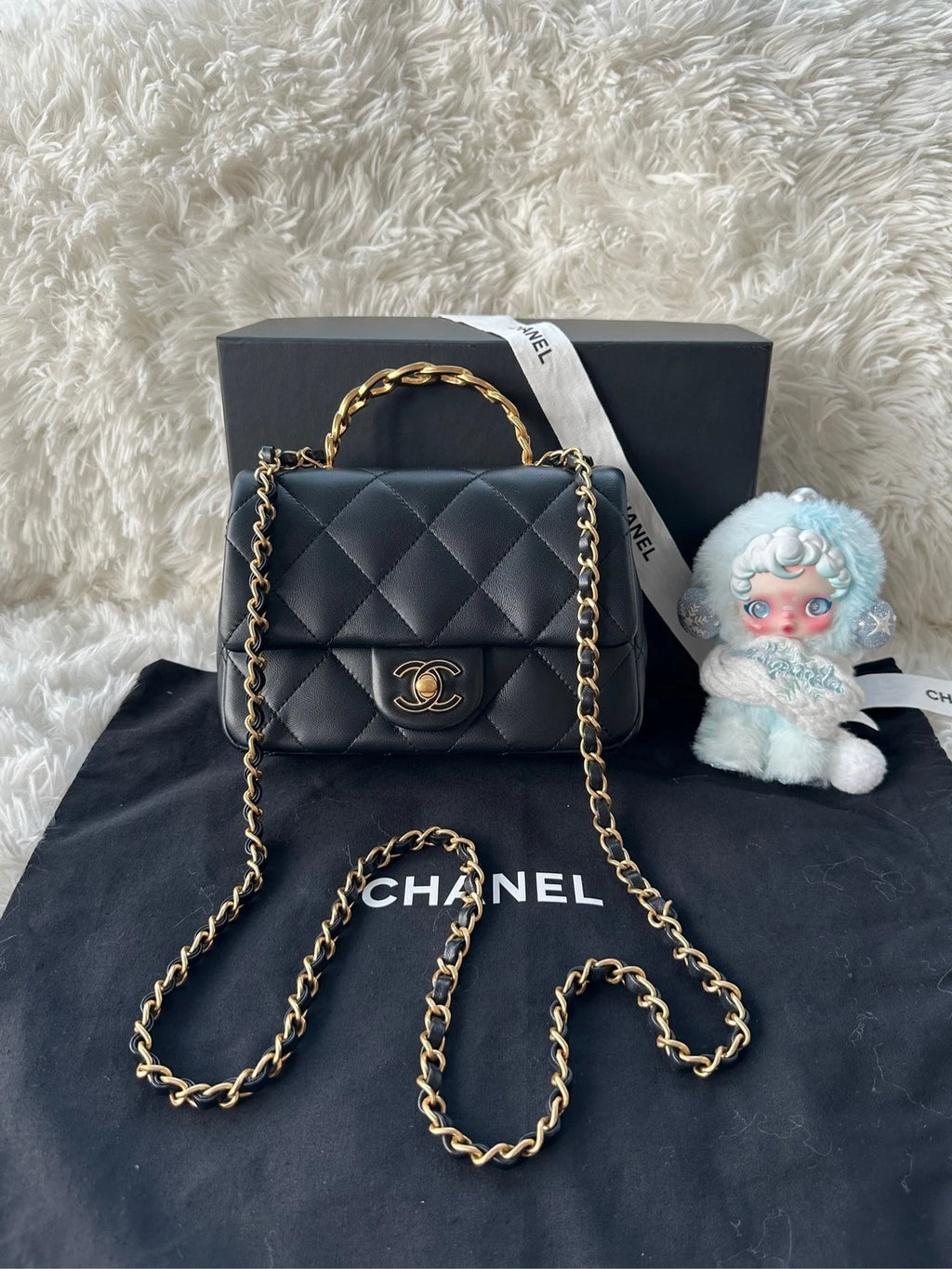CHANEL Black Gold Lambskin Enamel Handle Crossbody Bag For Women