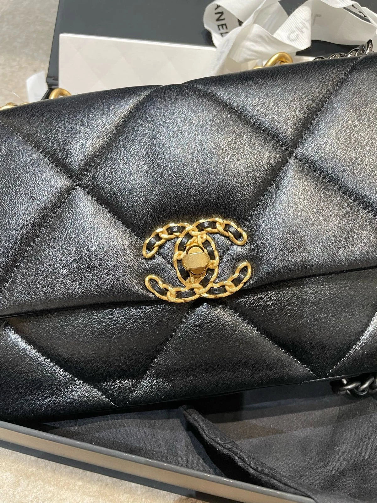 CHANEL 19 Black Gold Small Lambskin Shoulder Bag For Women