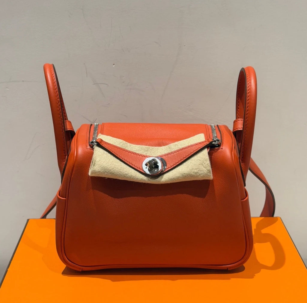 Hermes Lindy Mini Top Handle Shoulder Bag Orange Silver Women Classic Fashion