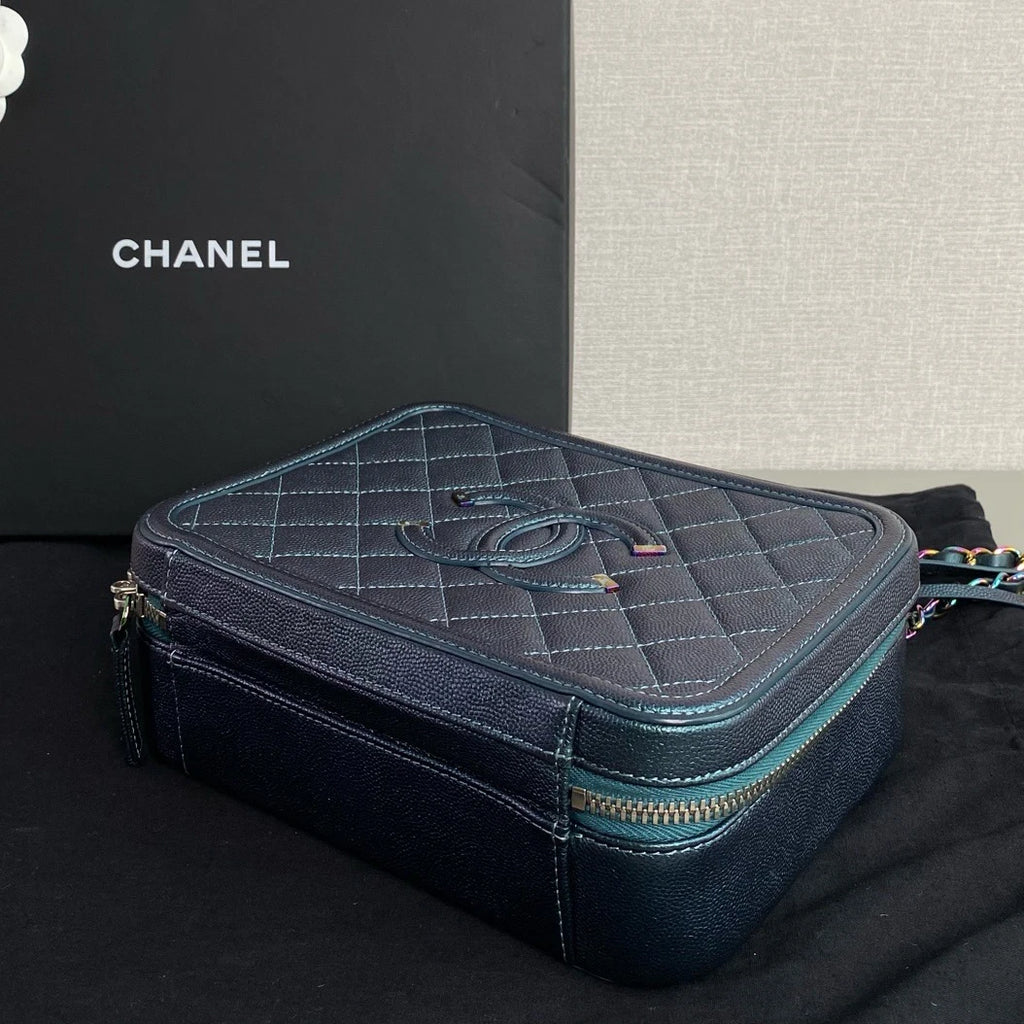 Chanel Vanity Case Chain Top Handle Crossbody Blue Iridescent Metallic Women
