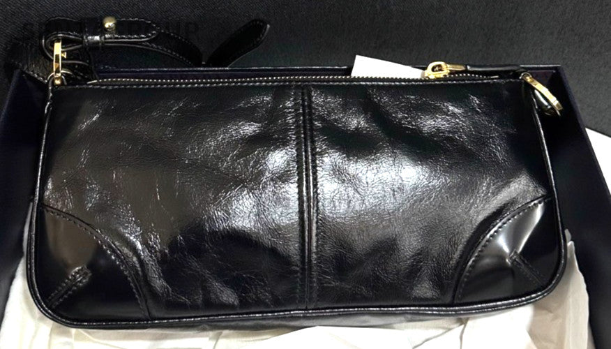 PRADA Triangular enamel metal Shoulder Handbag Black Gold Oil waxed leather
