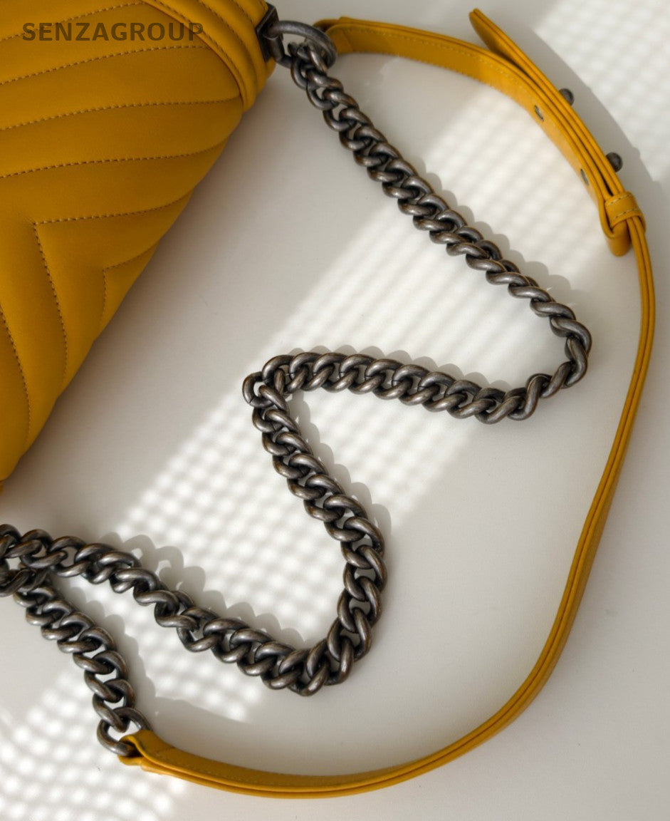 Chanel Leboy MM Lambskin Chain Shoulder Bag Yellow Silver Used Women Classic
