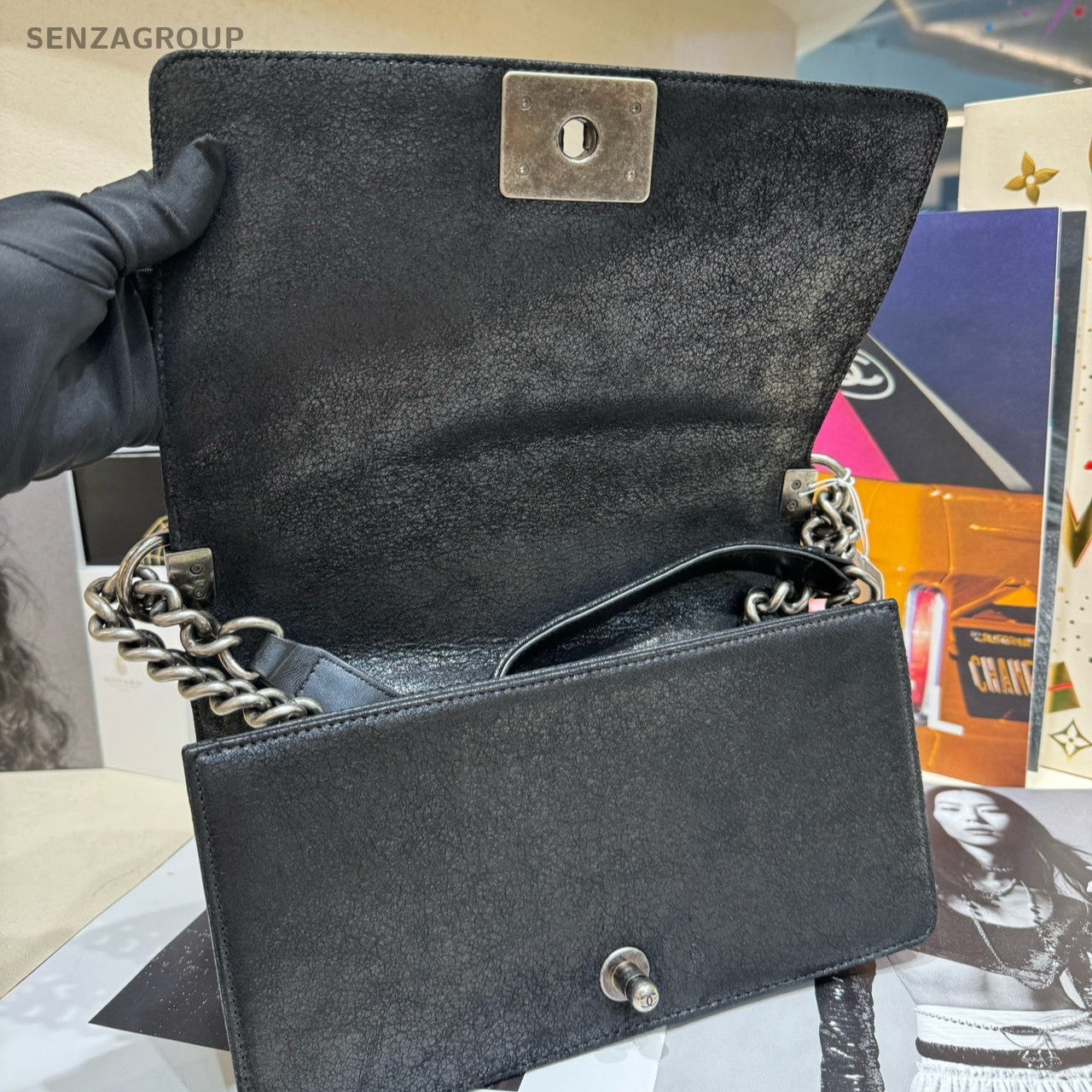 Chanel Le Boy Medium Black Silver Classic Chain Shoulder Crossbody Bag