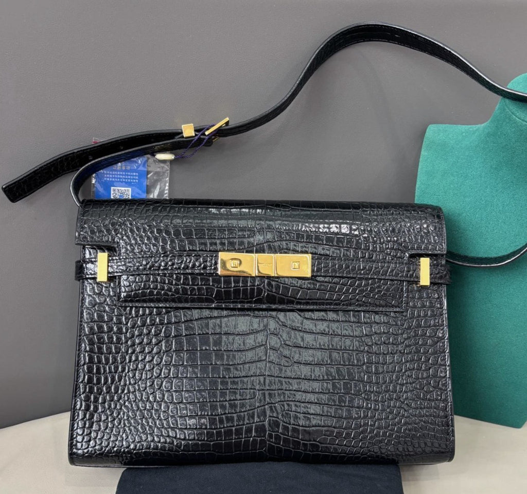 Saint Laurent Manhattan MM Shoulder Bag Black Gold Women Classic
