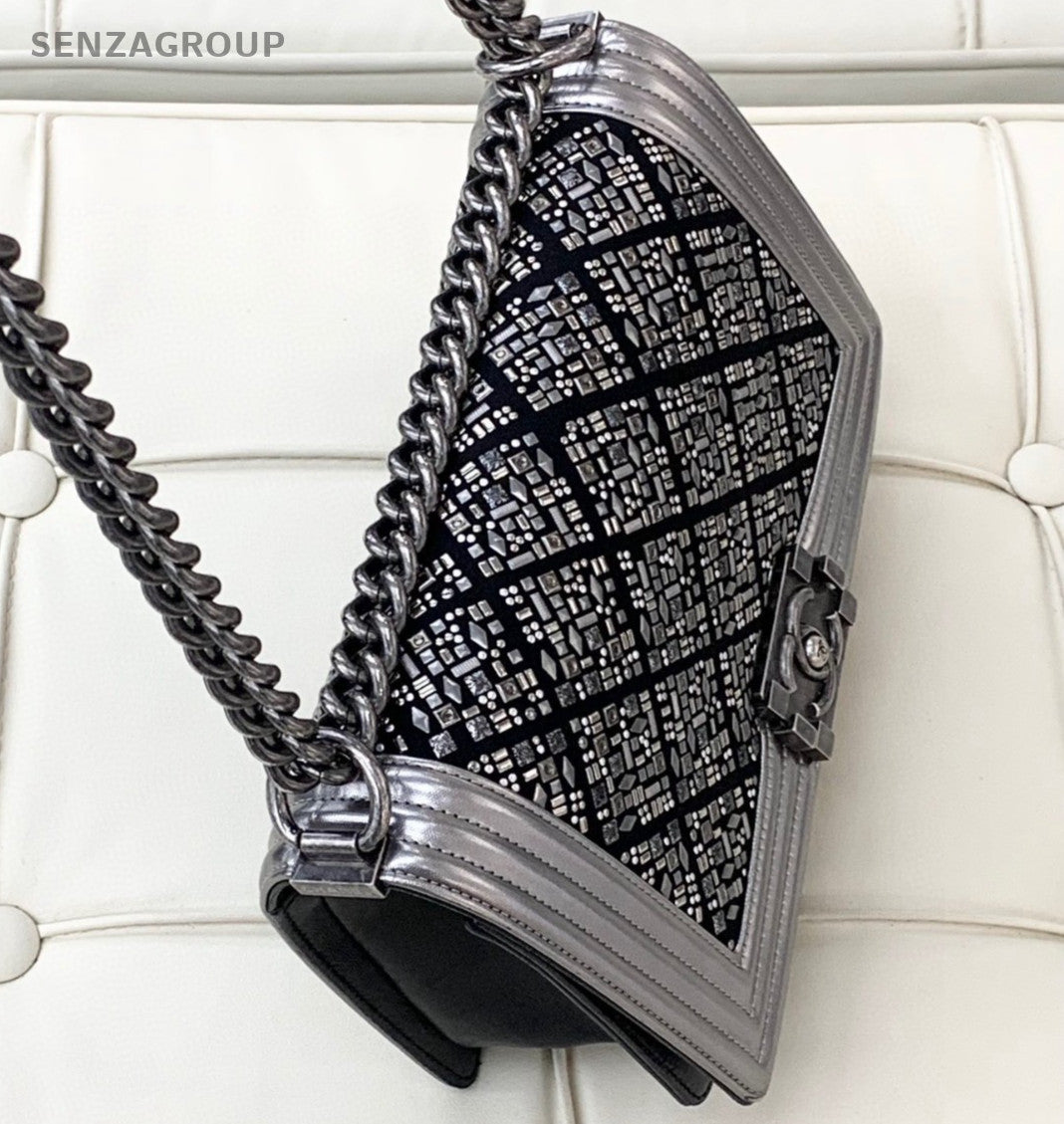 Chanel Leboy MM Calfskin Chain Black Silver Shoulder Bag Crossbody Women Classic