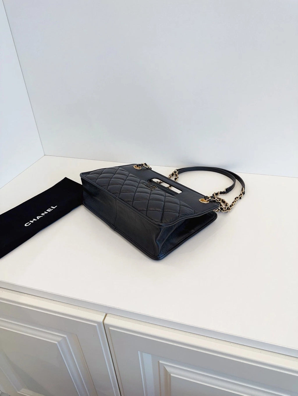 Chanel Vintage Chain Briefcase Caviar Leather Handbag Crossbody Bag Black