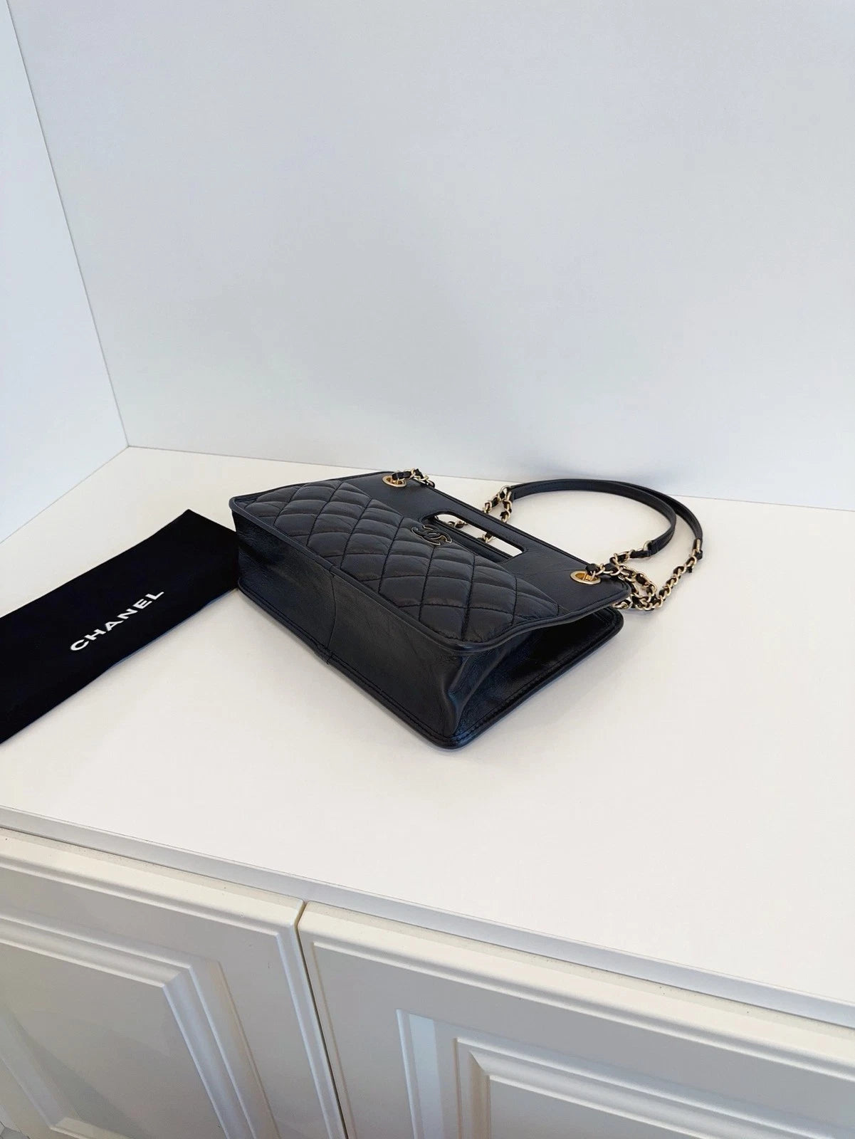 Chanel Vintage Chain Briefcase Caviar Leather Handbag Crossbody Bag Black